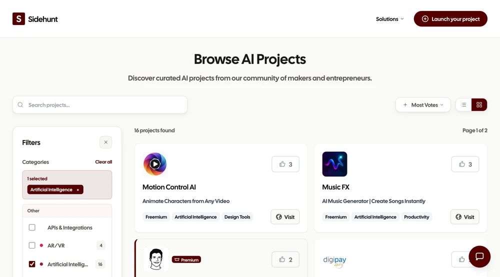 Sidehunt is where side projects and indie launches go live each week and get real votes
